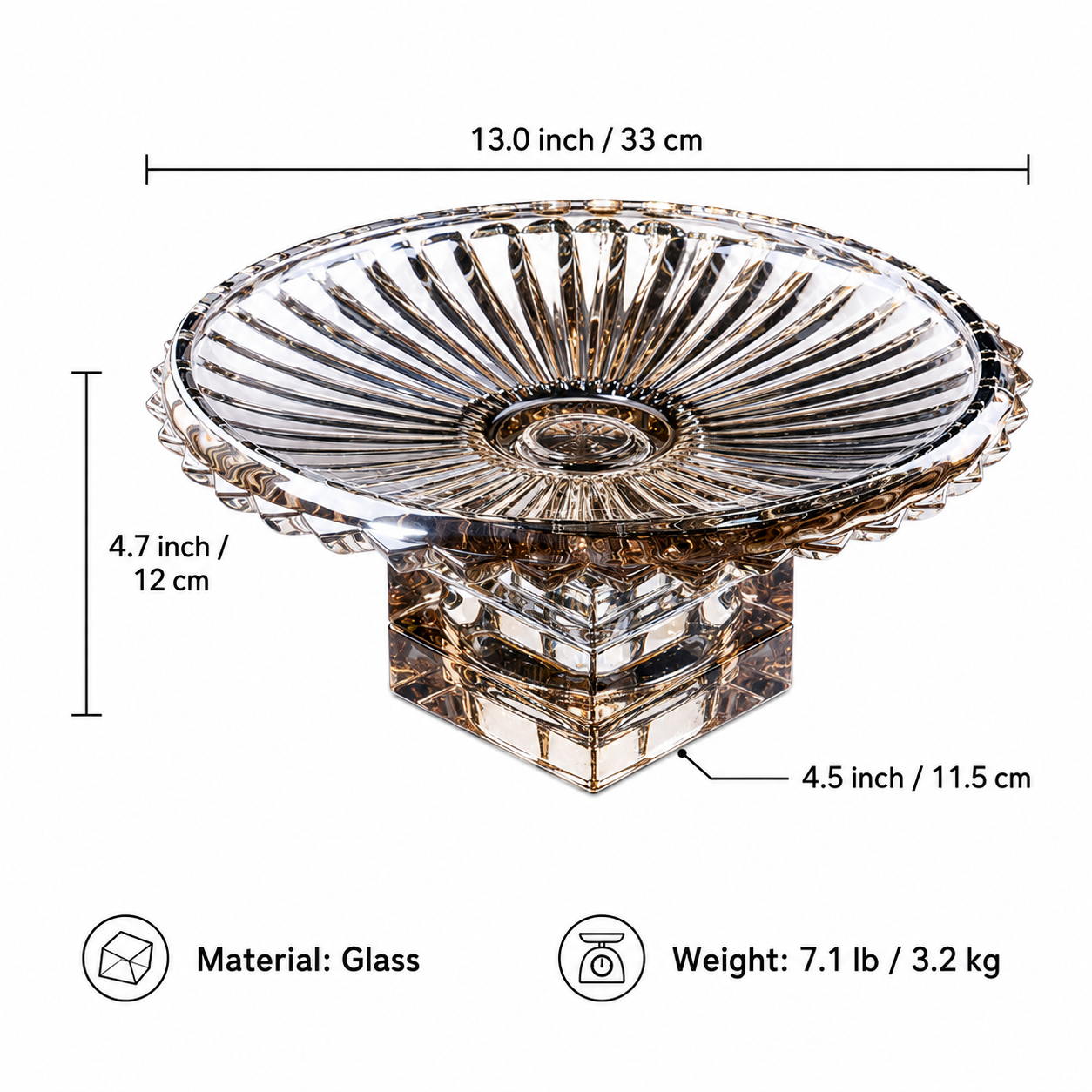 Measurement guide for fluted glass pedestal centerpiece bowl showing size weight and material