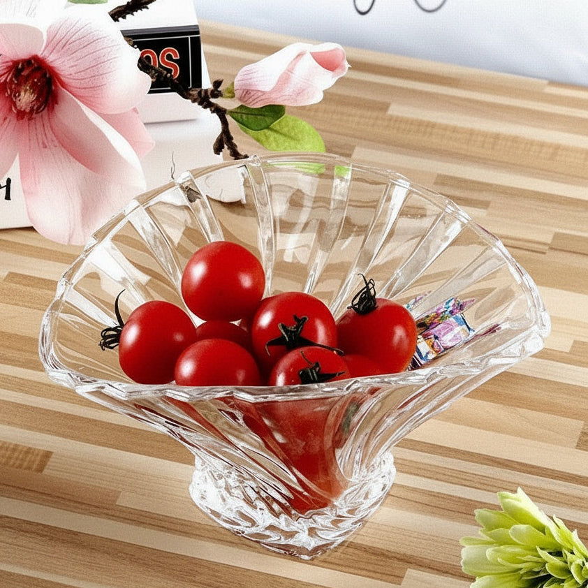 Clear fluted glass centerpiece bowl filled with red cherries
