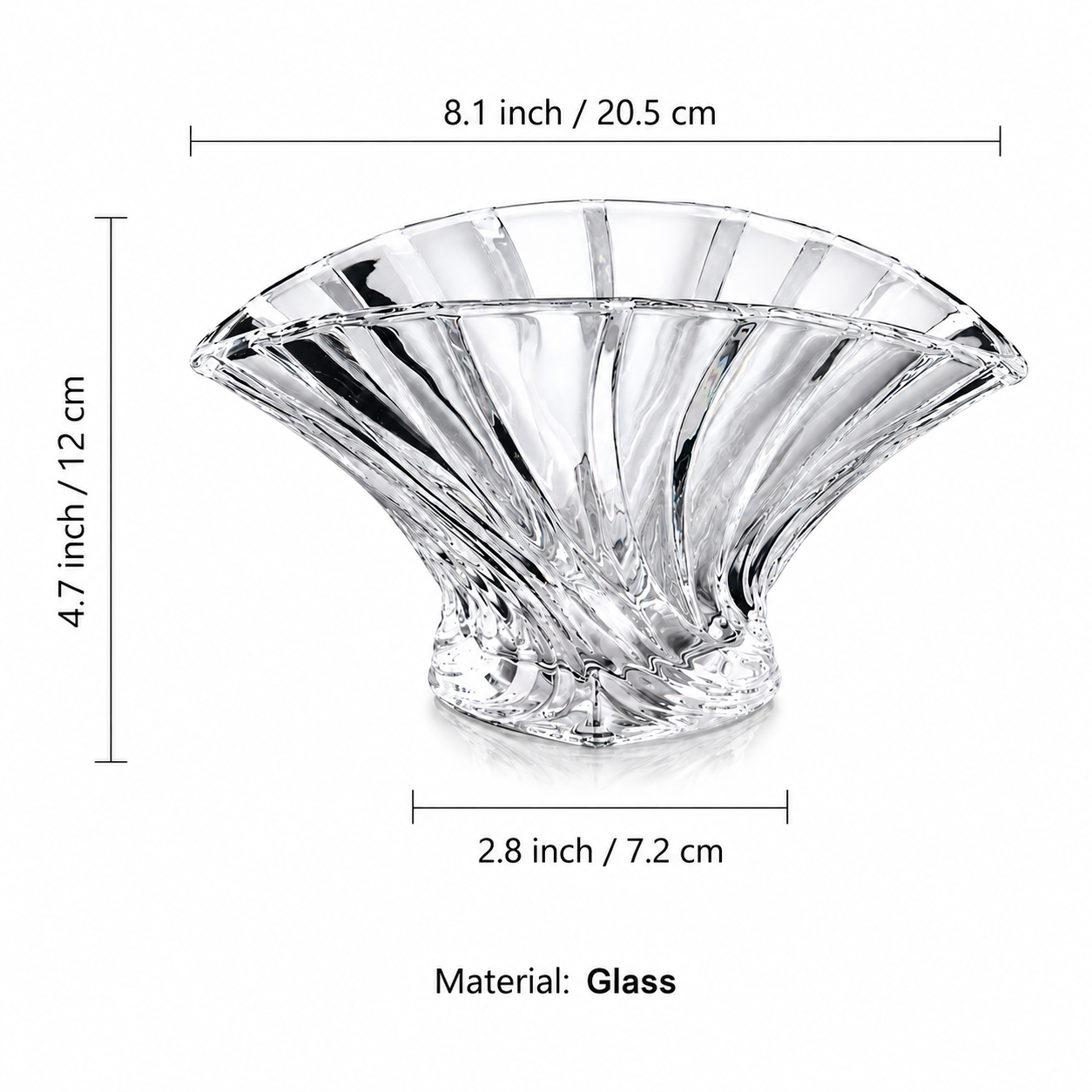 Measurement guide for fluted glass serving centerpiece bowl showing dimensions and material