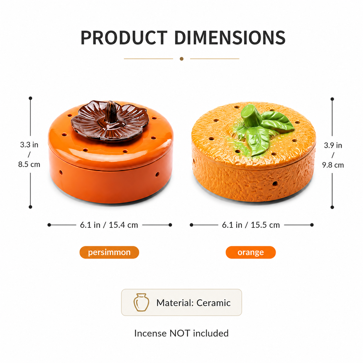 Product dimensions for orange and persimmon ceramic incense burners in inches and centimeters