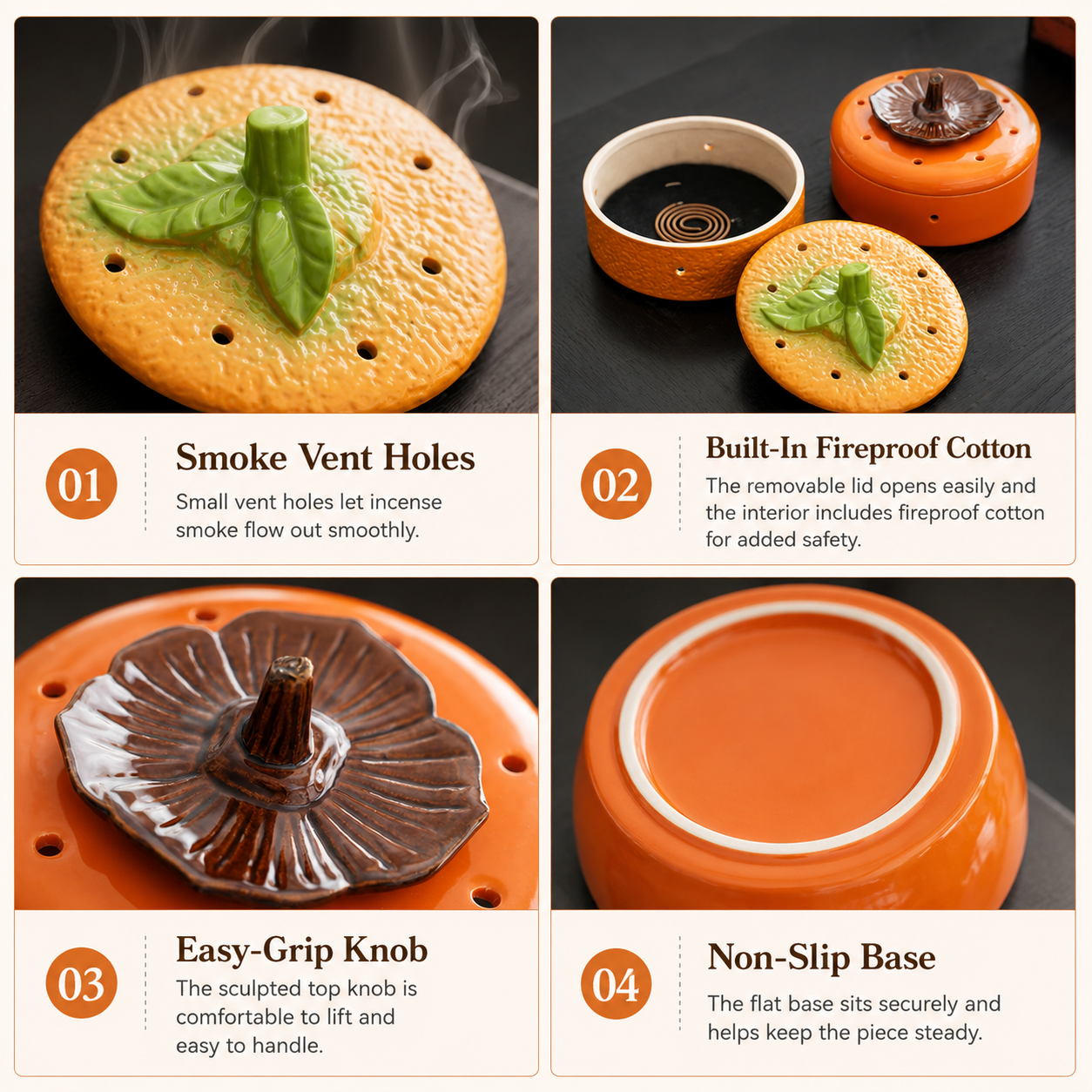 Feature guide for ceramic incense burner with smoke vents, fruit design, easy cleaning, and non-slip base