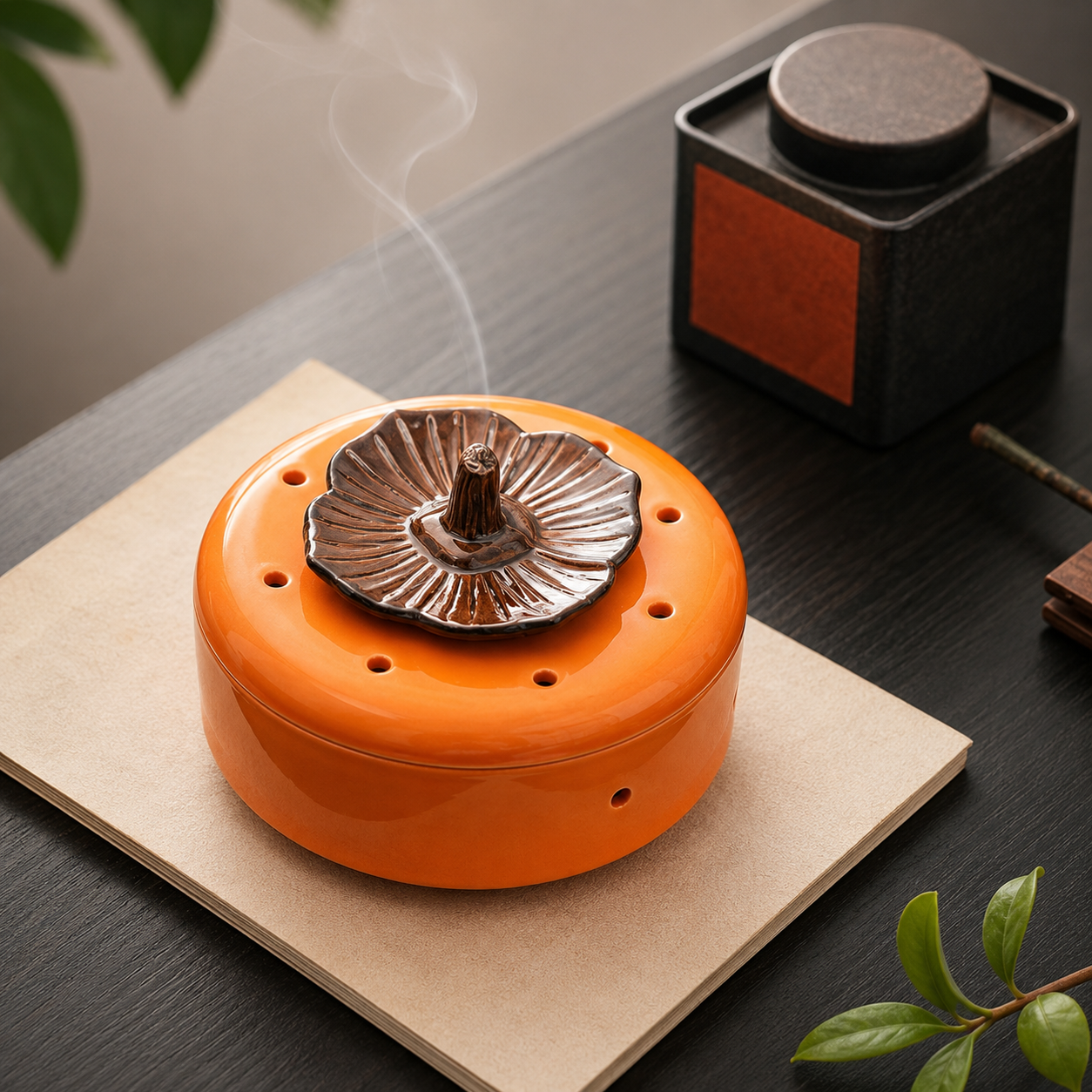 Orange ceramic incense burner styled on book with green leaves for elegant ritual home decor