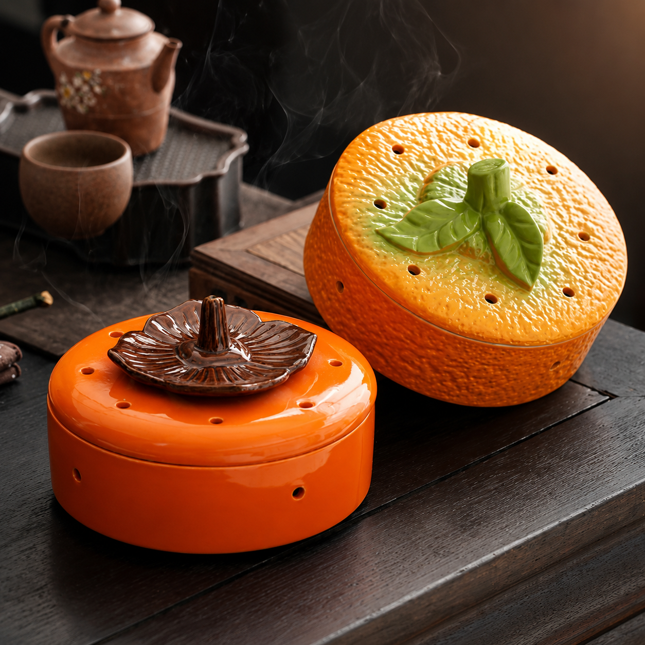 Fruit-inspired ceramic incense burners styled with tea set for zen ritual decor and home fragrance