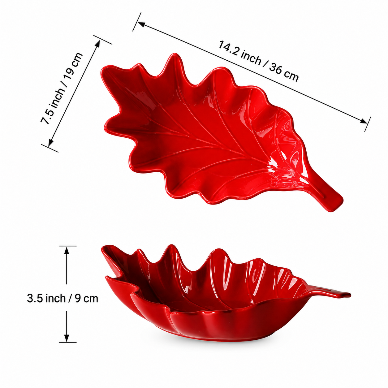 Glossy red ceramic leaf serving bowl size guide with measurements