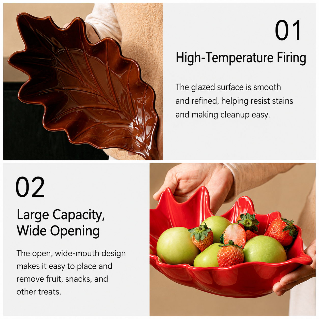 Glossy ceramic leaf bowl feature image showing wide opening and glazed finish