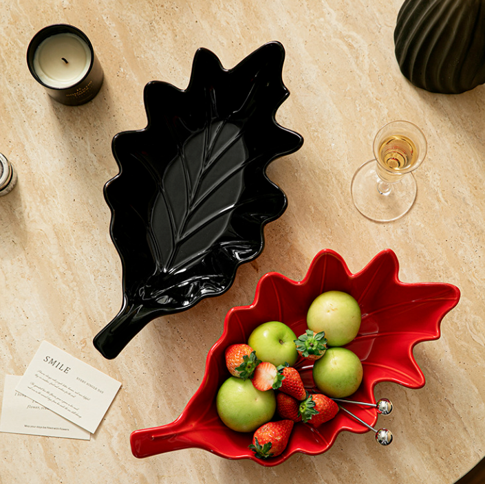 Black and red glossy ceramic leaf bowls for fruit and table decor
