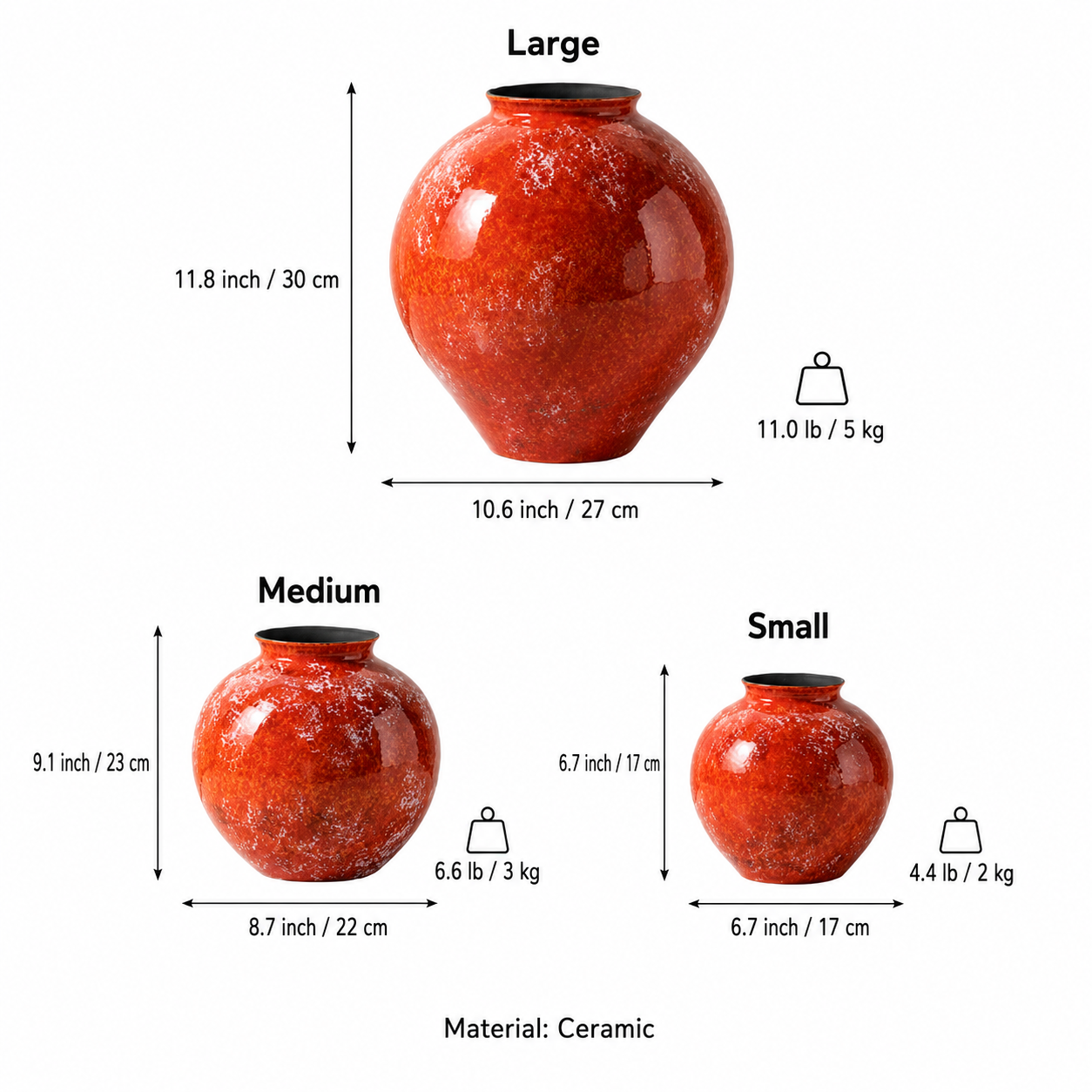 Glossy orange ceramic vase size and weight guide for three sizes