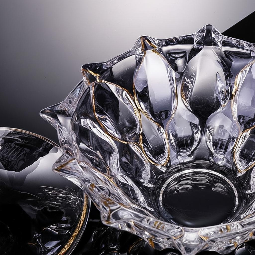 Close up of clear faceted glass bowl interior and dimensional sculptural sides