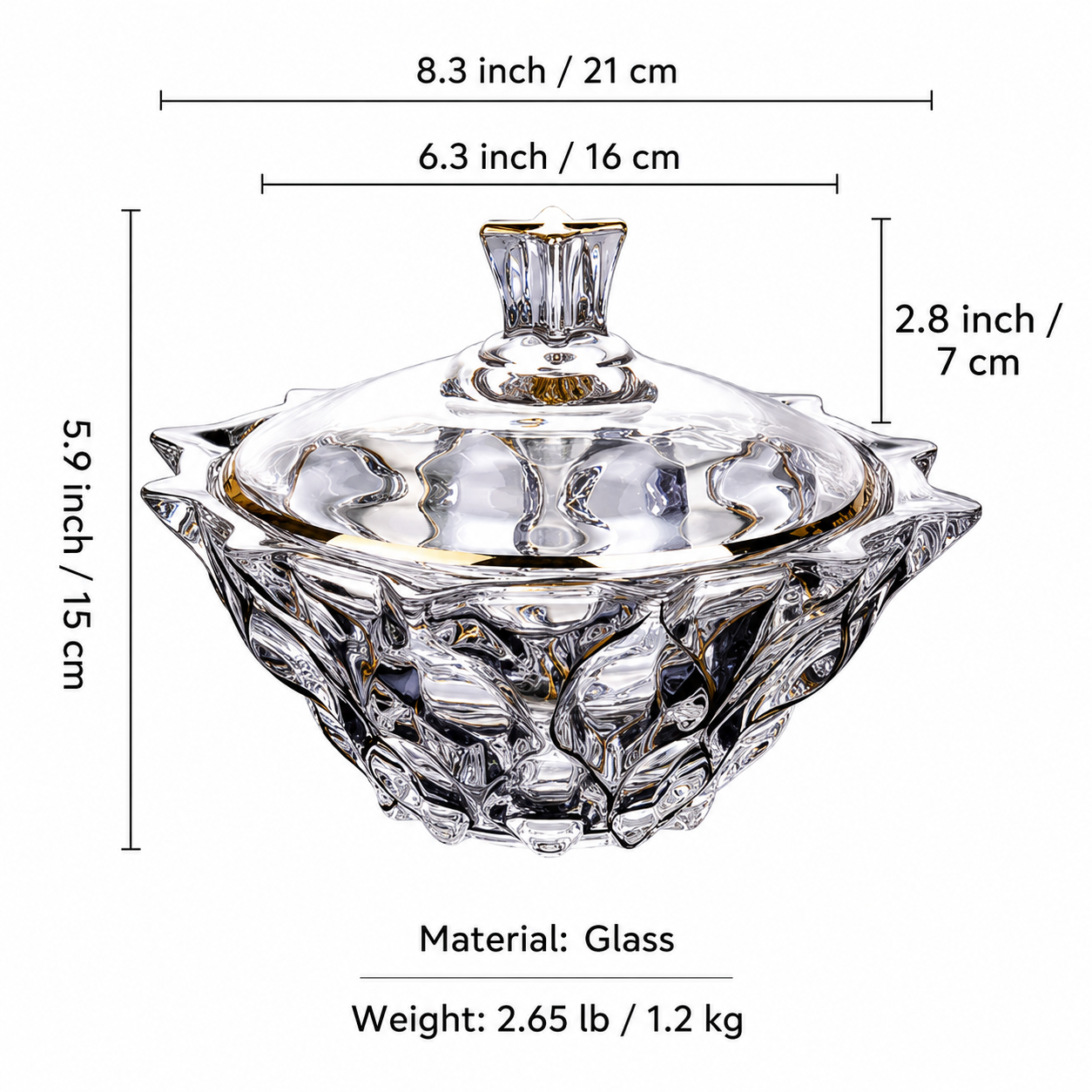 Measurement guide for gold accented faceted glass lidded bowl showing size weight and material