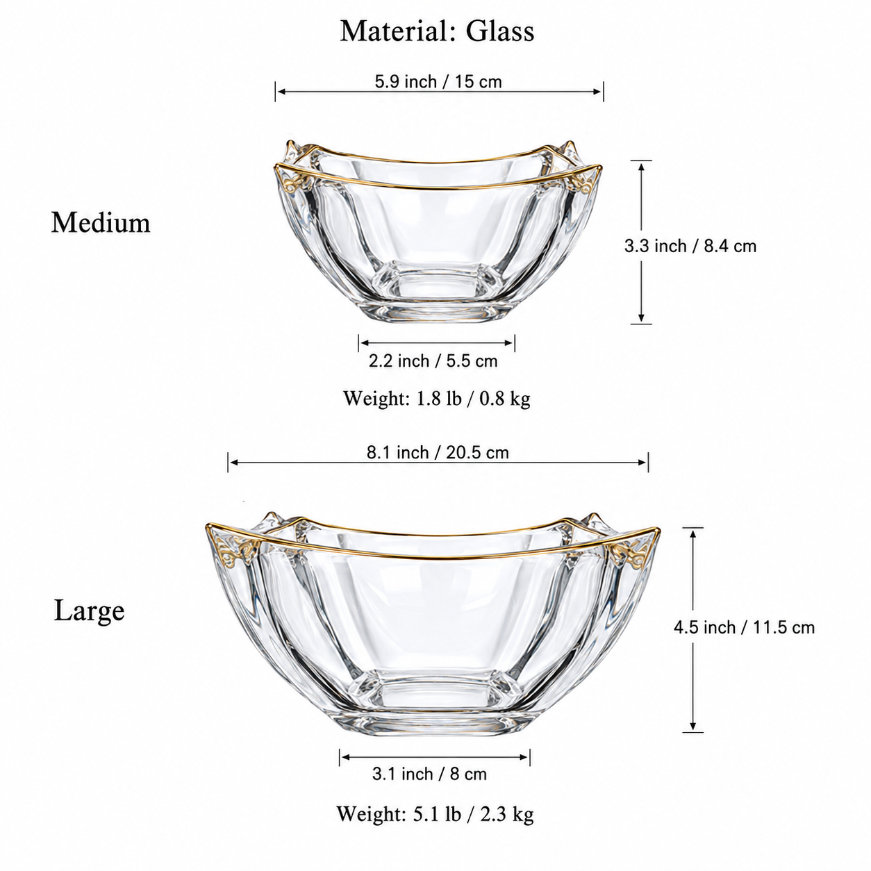 Size guide for Medium and Large gold rimmed wavy glass centerpiece bowls
