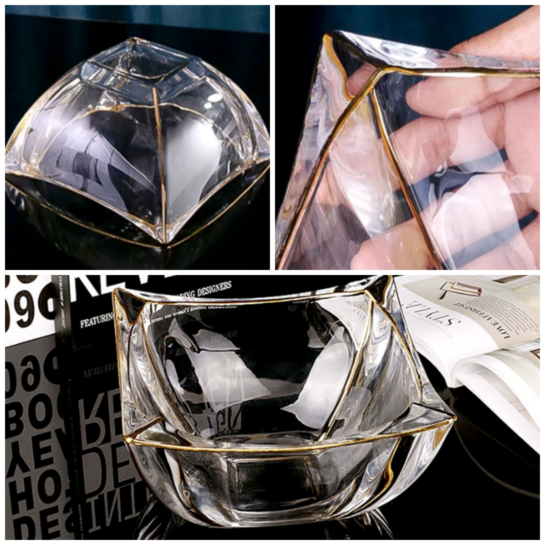 Detail collage of gold rimmed wavy glass bowl showing rim and thick glass construction