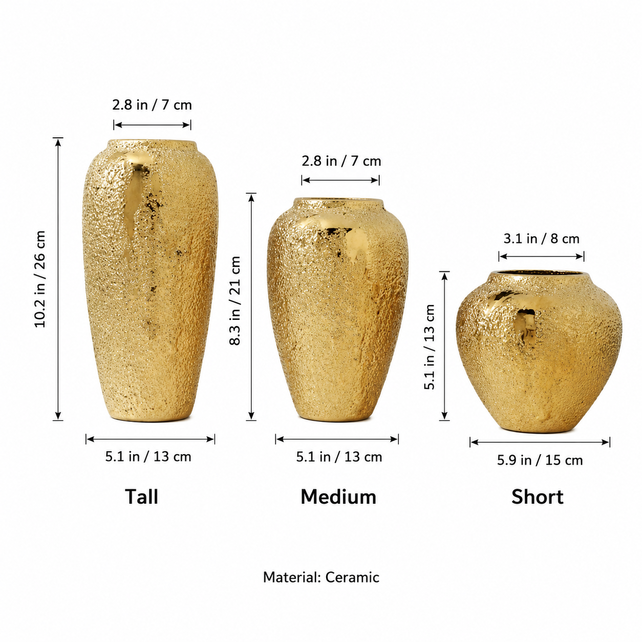 Gold tone ceramic vase size guide showing tall medium and short styles