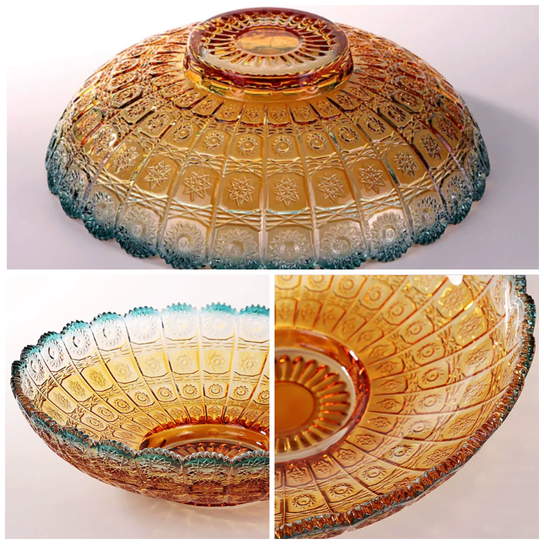Close-up collage of amber teal pressed glass bowl showing scalloped rim and textured pattern
