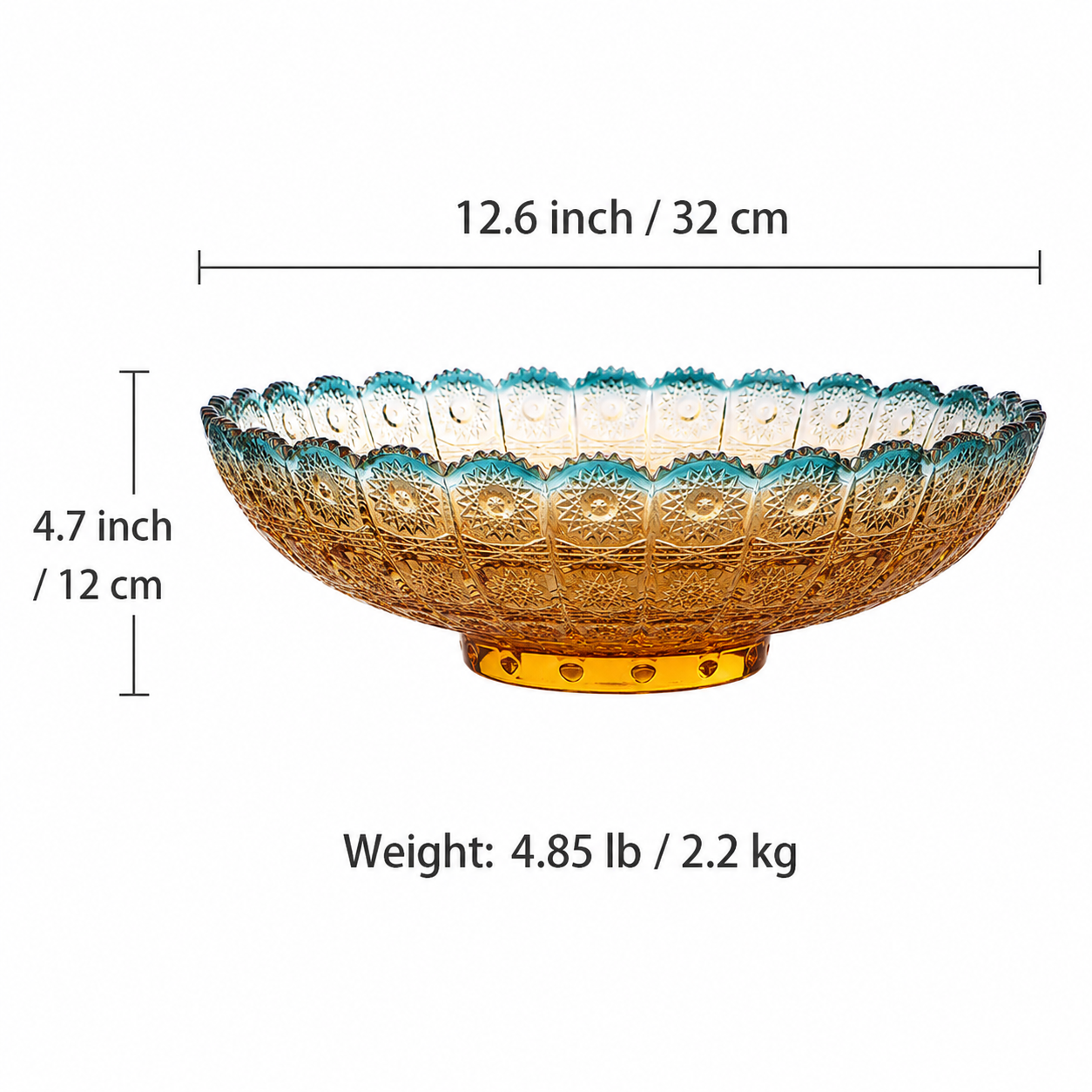 Gradient amber teal glass decorative bowl size guide with dimensions and weight