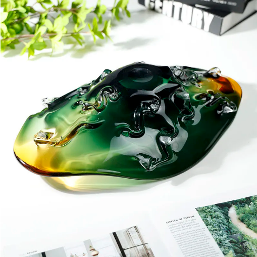 Organic green and amber art glass centerpiece bowl with sculptural raised base