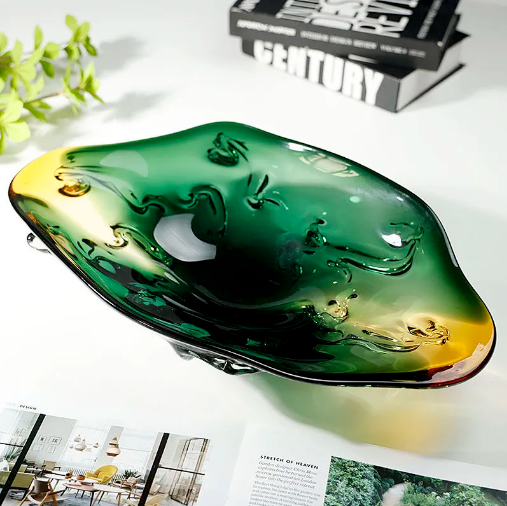 Gradient green and amber art glass bowl with organic free-form shape