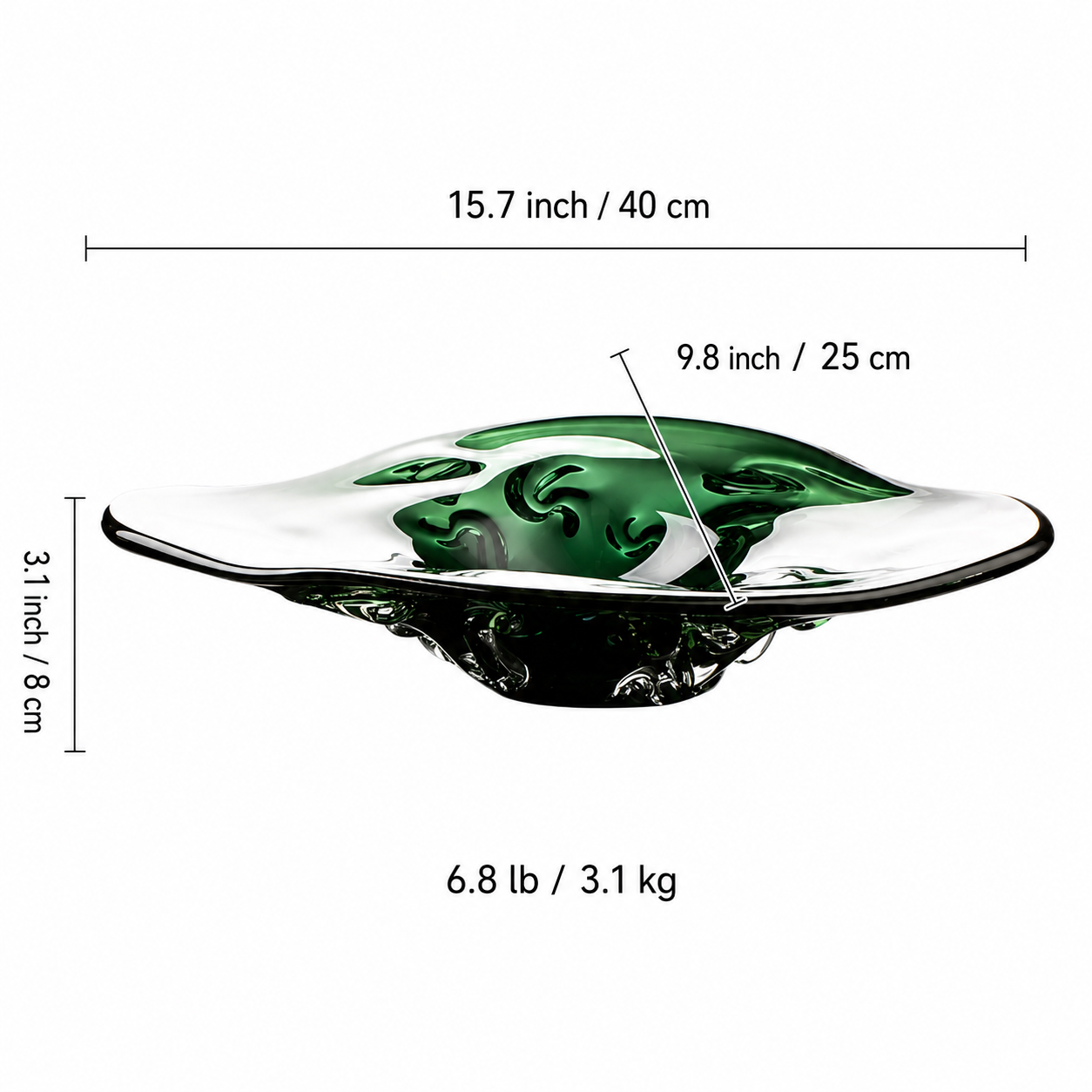 Gradient green art glass bowl size guide with measurements and weight