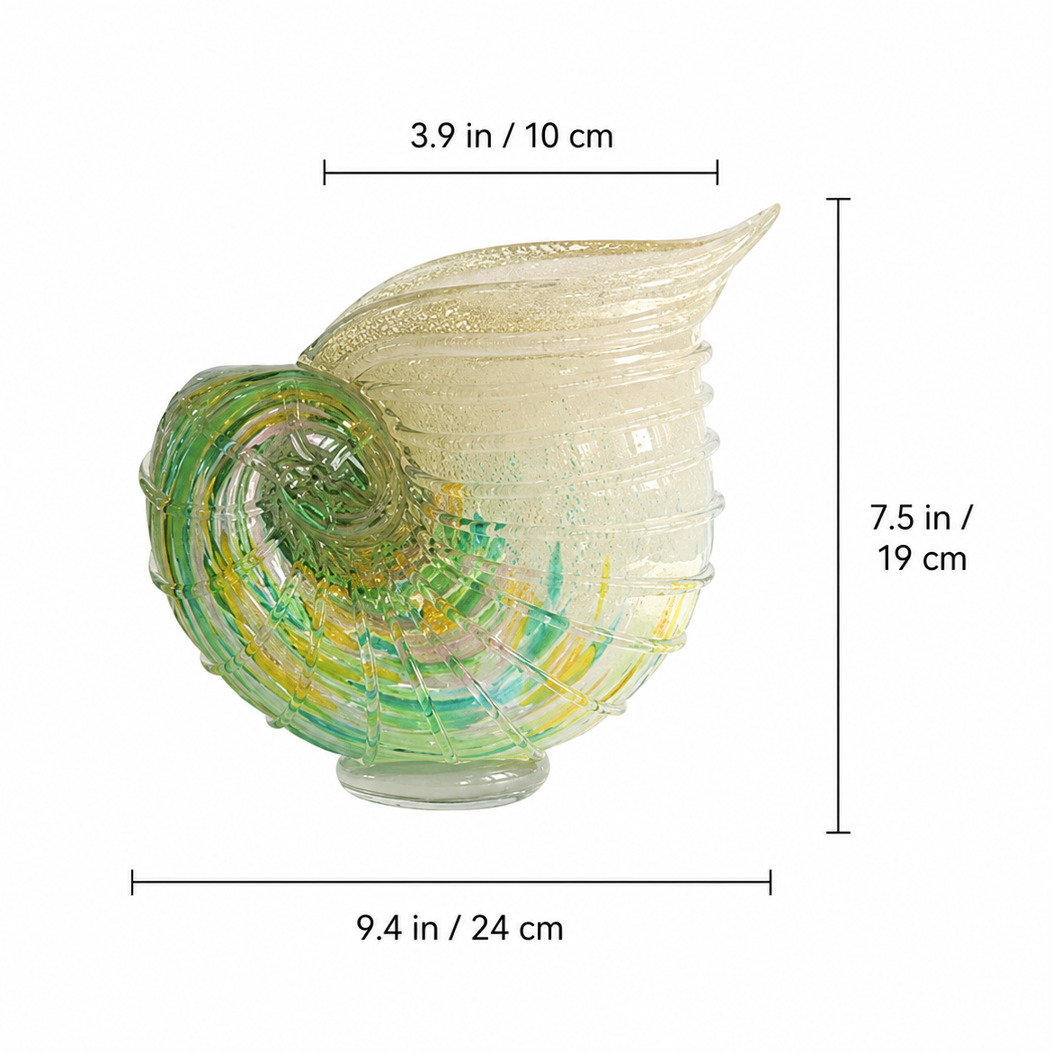 Green and amber nautilus shell art glass vase size guide with measurements