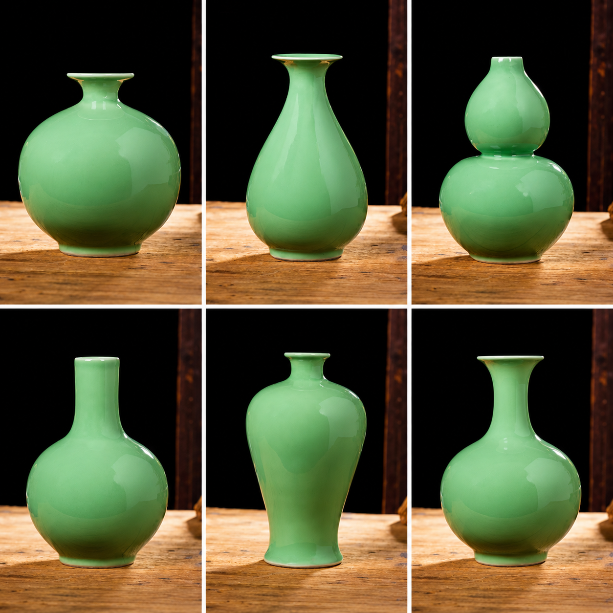 Collage of six glossy green ceramic vase shapes on wooden table