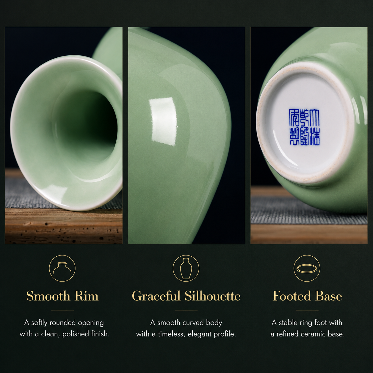 Green ceramic vase detail collage showing smooth rim glossy glaze and footed base
