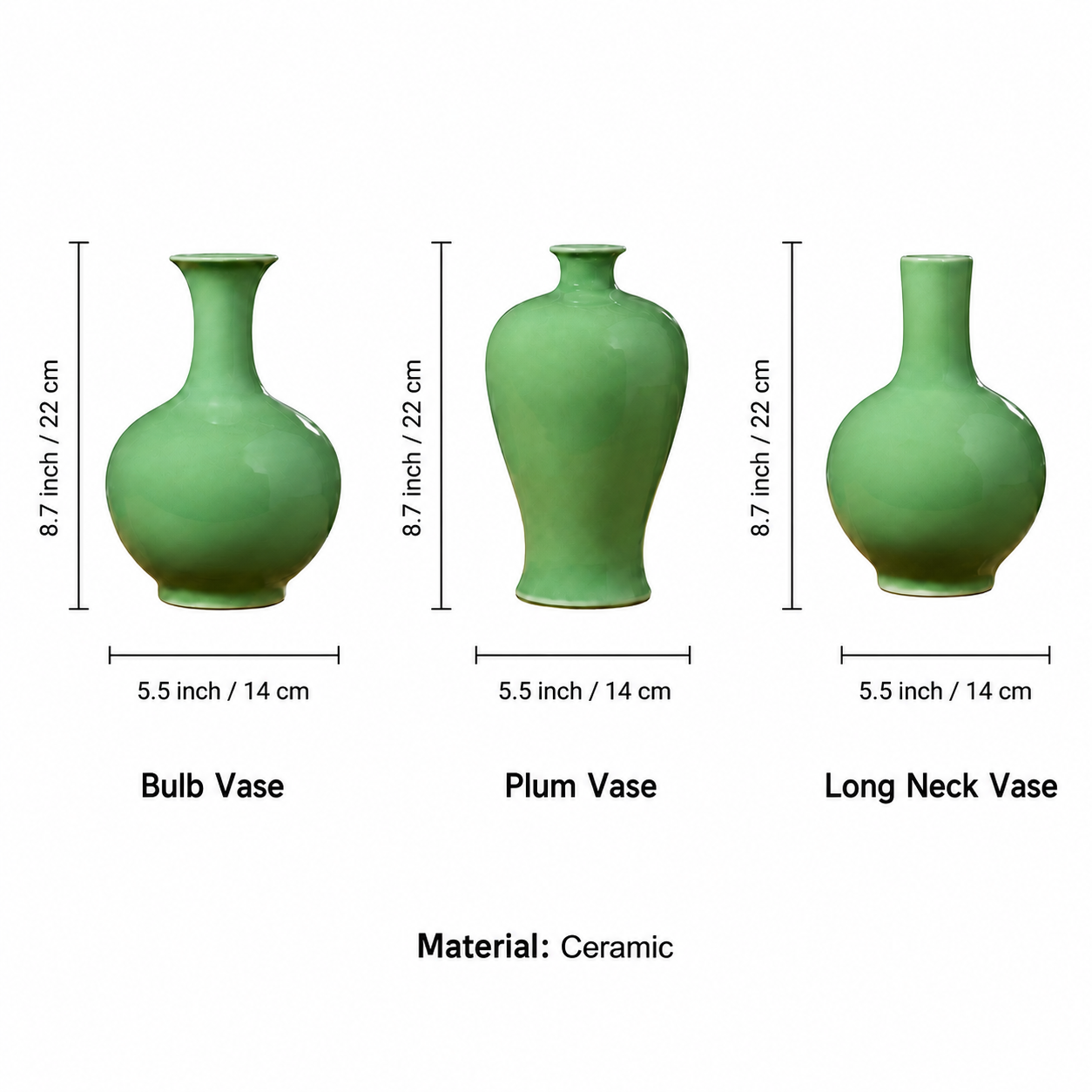 Green ceramic vase size guide for bulb plum and long neck styles