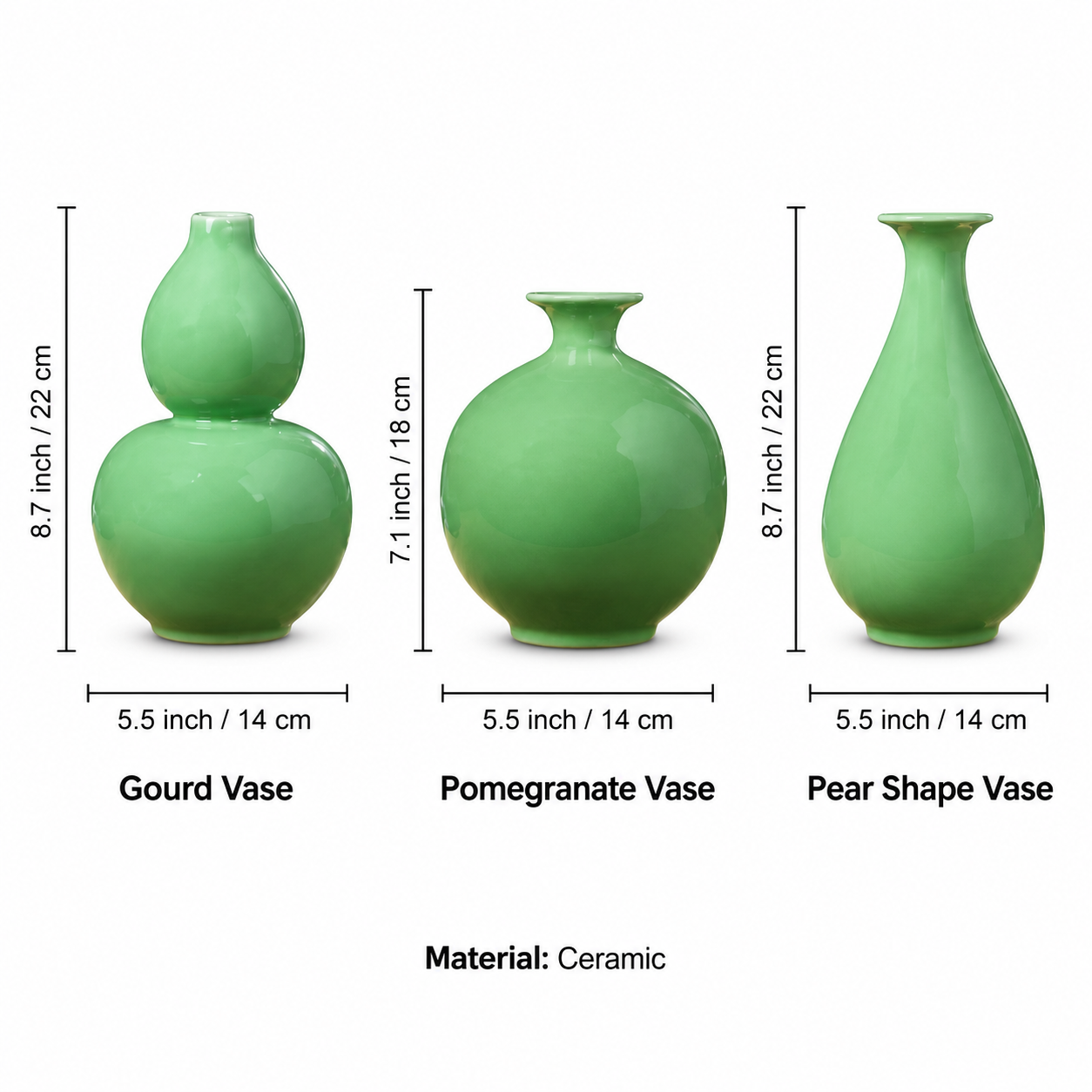Green ceramic vase size guide for gourd pomegranate and pear shapes
