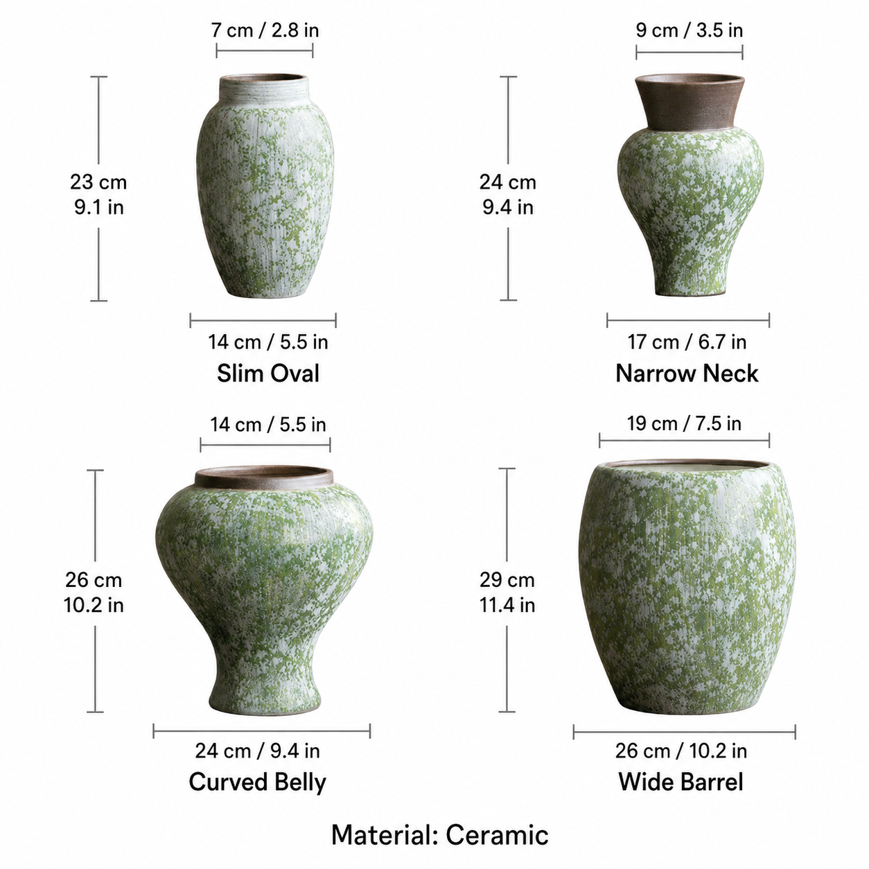 Green speckled ceramic vase size guide showing available ceramic vase shapes