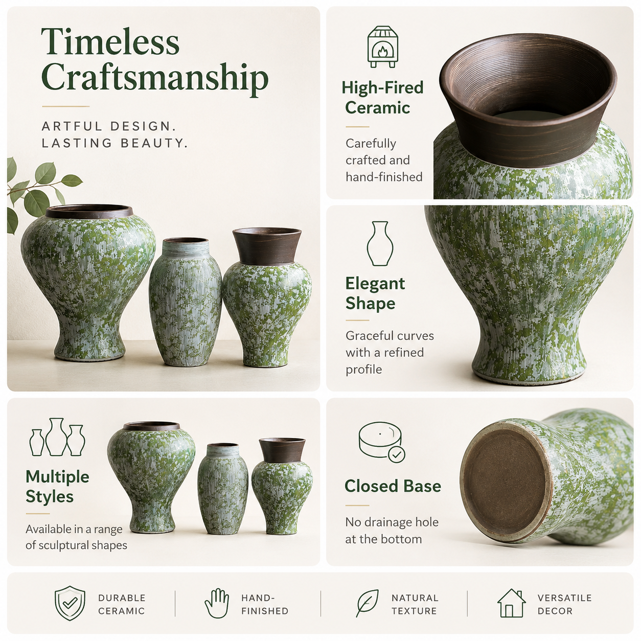 Green speckled ceramic vase infographic highlighting artisan textured finish