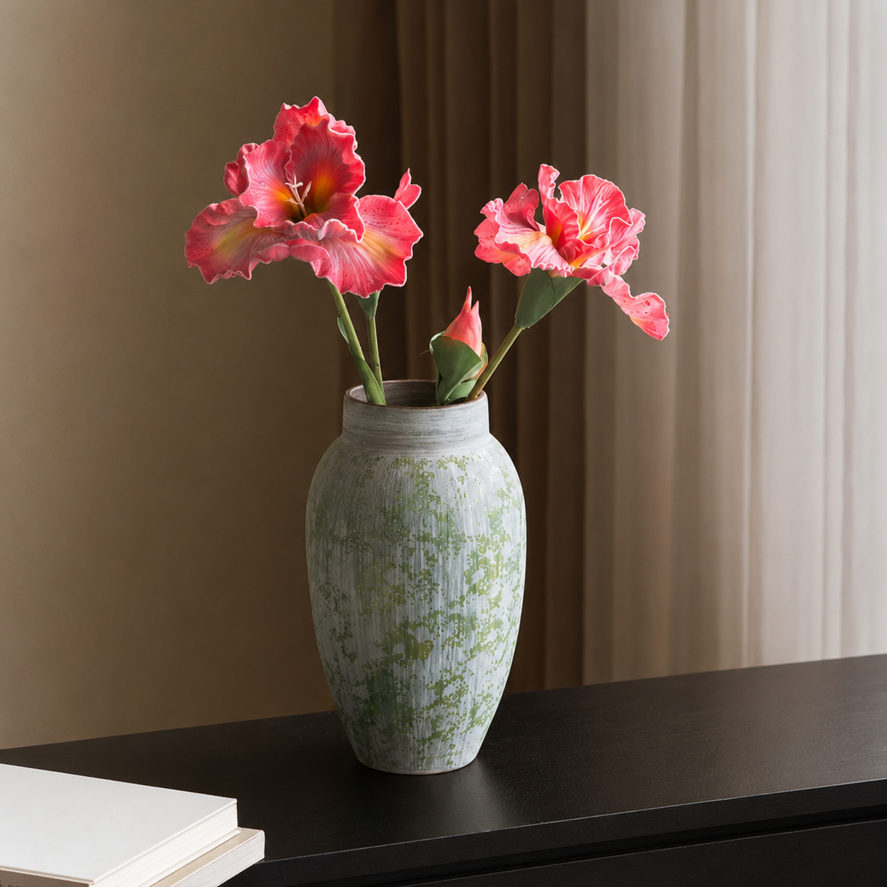 Slim green speckled ceramic vase with red flowers for table decor
