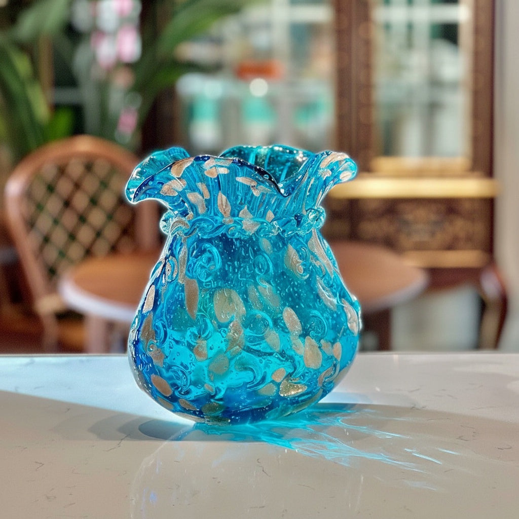 Hand blown blue art glass vase with gold flecks on table