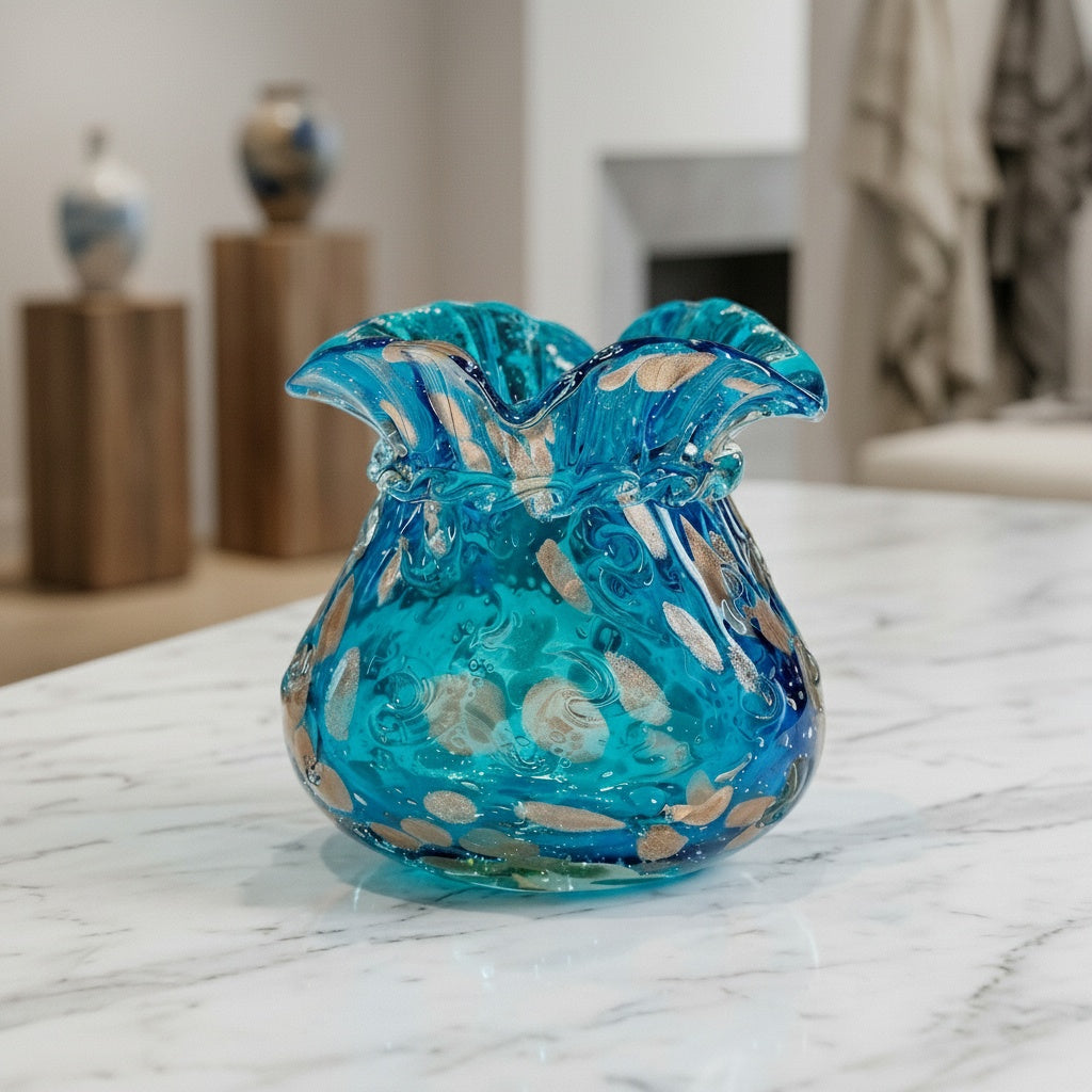 Hand blown blue glass vase with gold flecks on marble surface