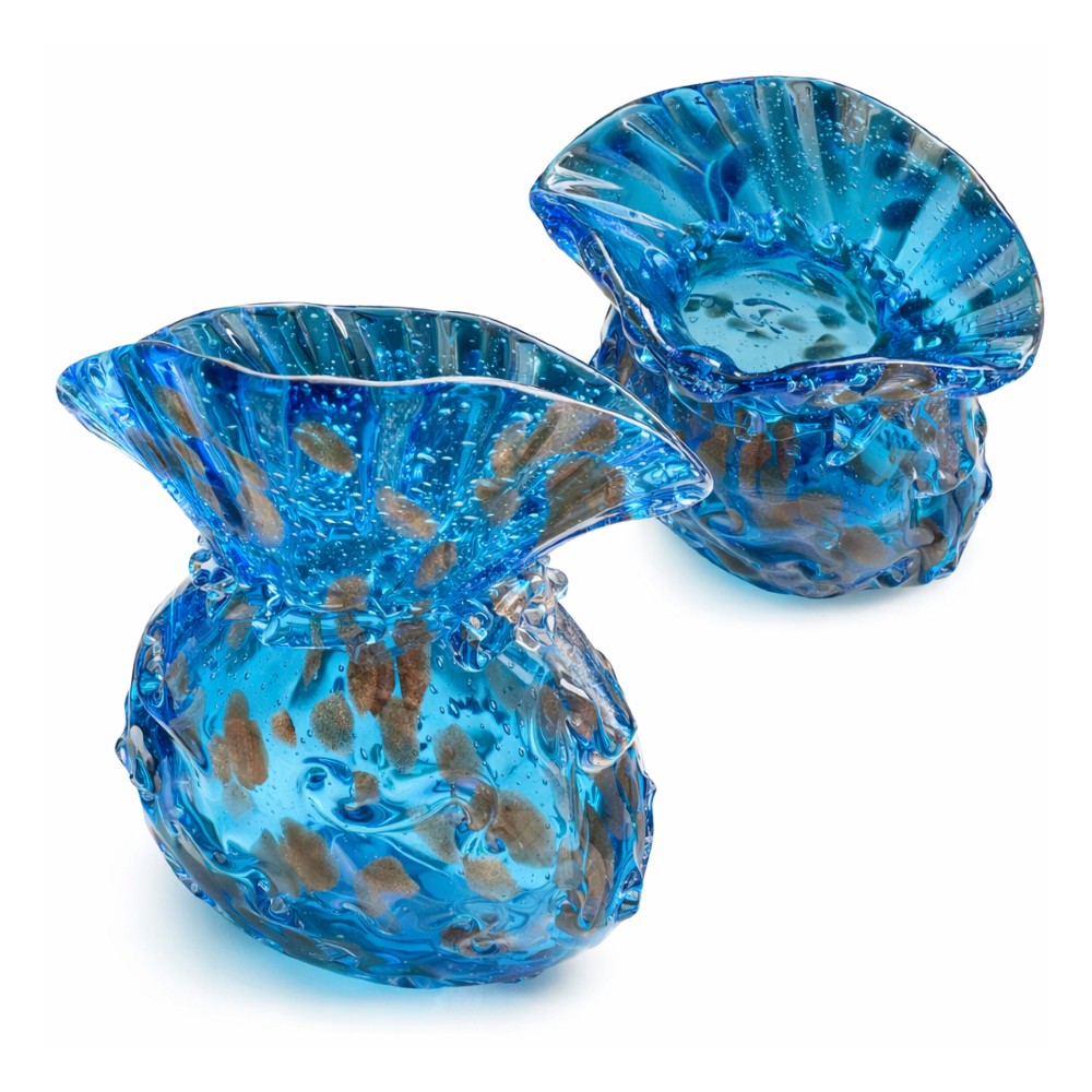 Two angle view of hand blown blue art glass vase