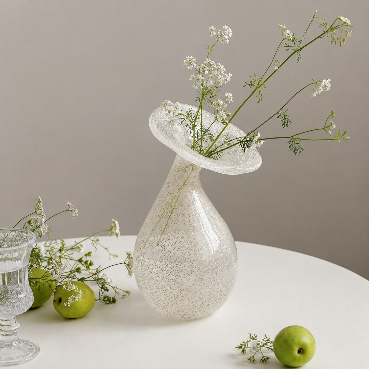 Speckled glass bud vase with delicate white flowers on a minimalist round table