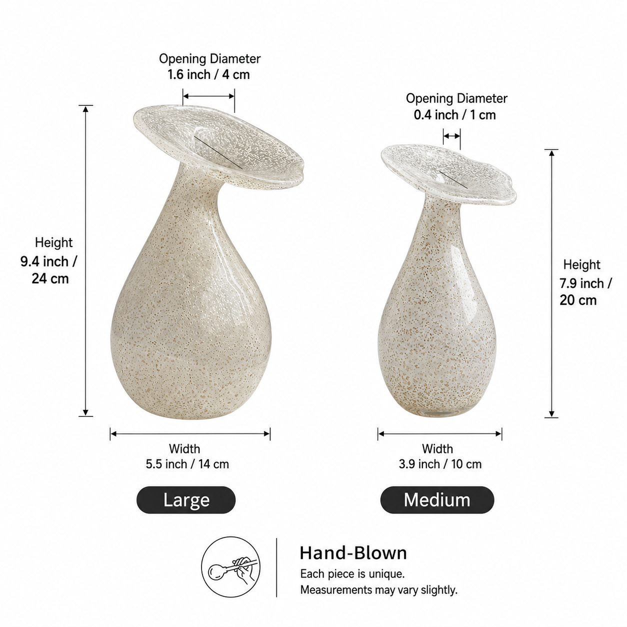 Size guide for large and medium hand-blown speckled glass bud vases