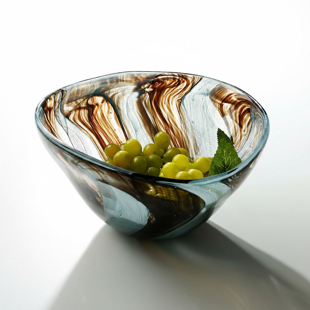 Blue and amber swirl glass centerpiece bowl with green grapes on a white surface