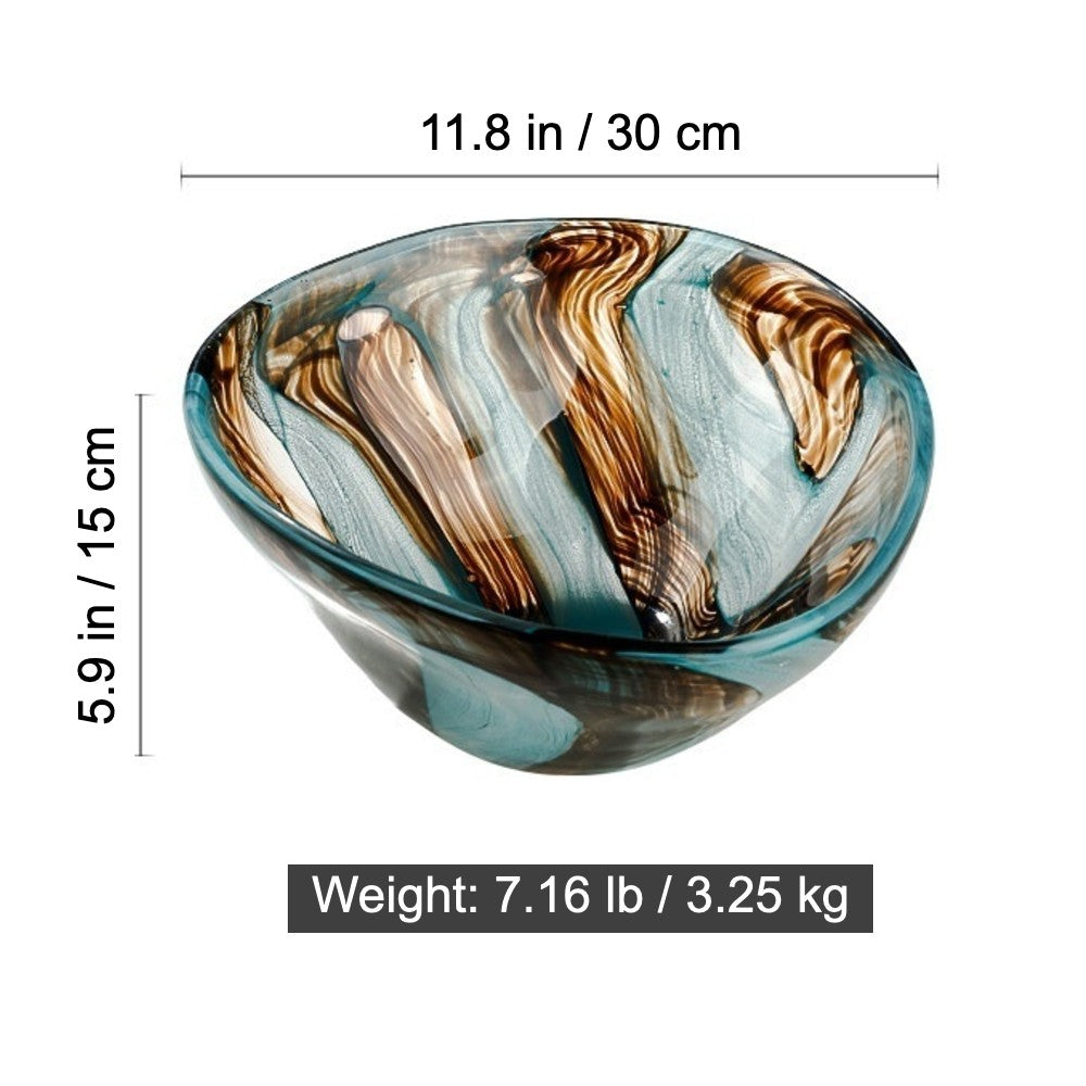 Dimensions of hand-blown swirl art glass fruit bowl, 30 cm wide and 15 cm high