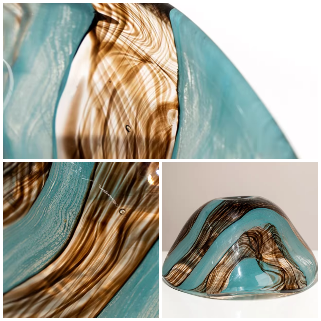 Close-up collage of blue and amber-brown swirl glass pattern and curved rim detail