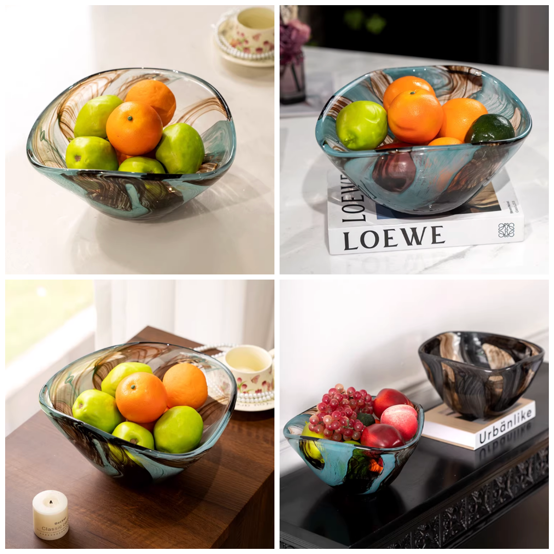 Lifestyle collage showing swirl art glass fruit bowl styled with fruit in different interiors