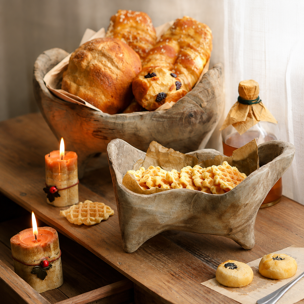 Footed wood centerpiece bowls styled with artisan bread and pastries