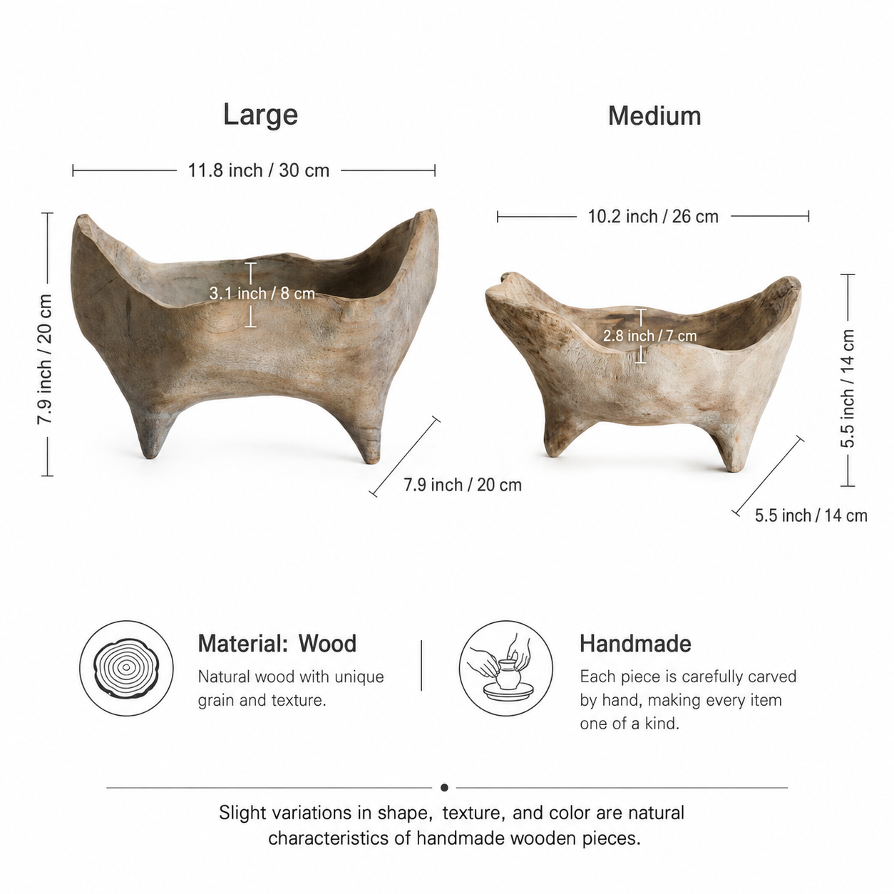 Size guide for Medium and Large handmade wood footed centerpiece bowls