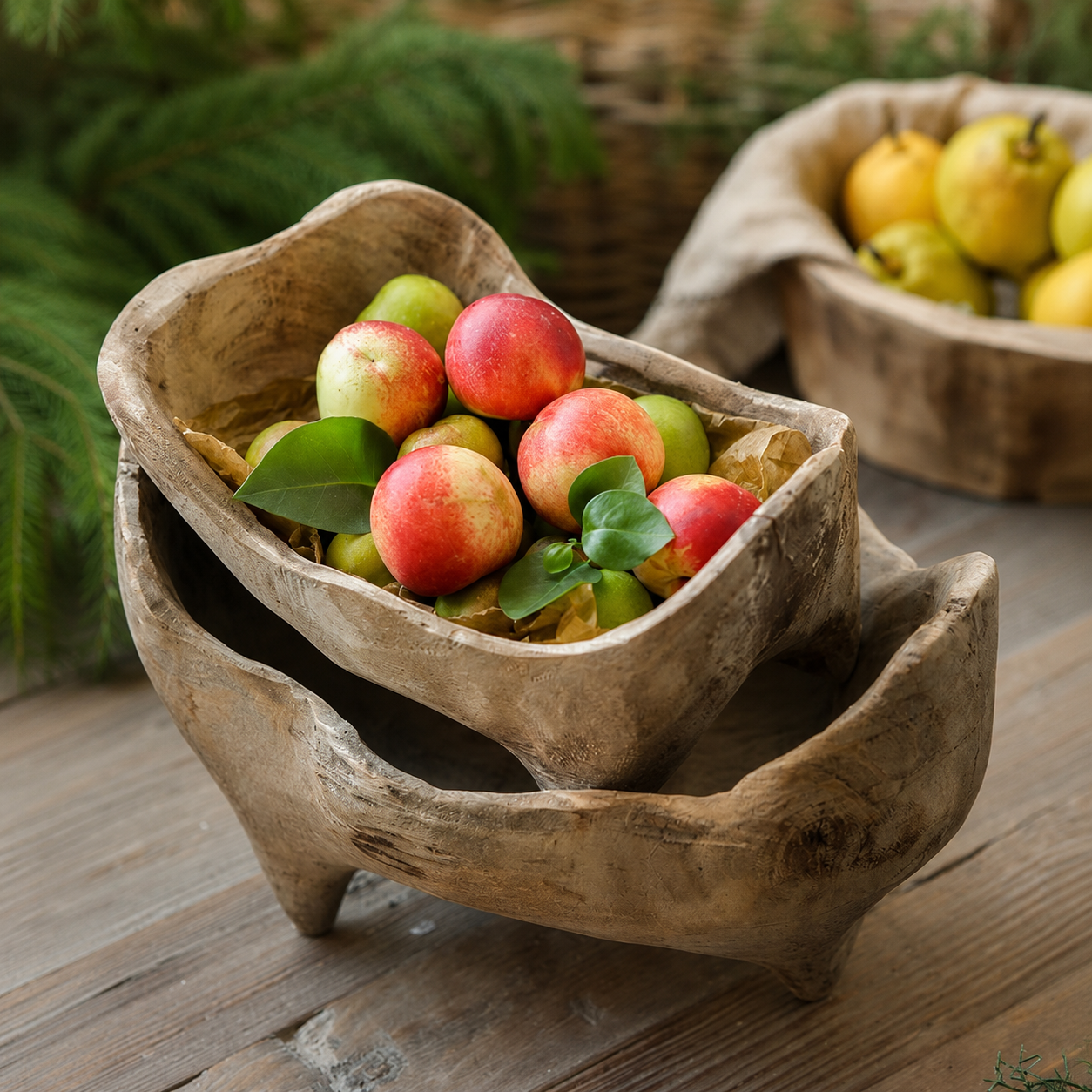 Stacked hand carved wood footed bowls filled with red and green apples