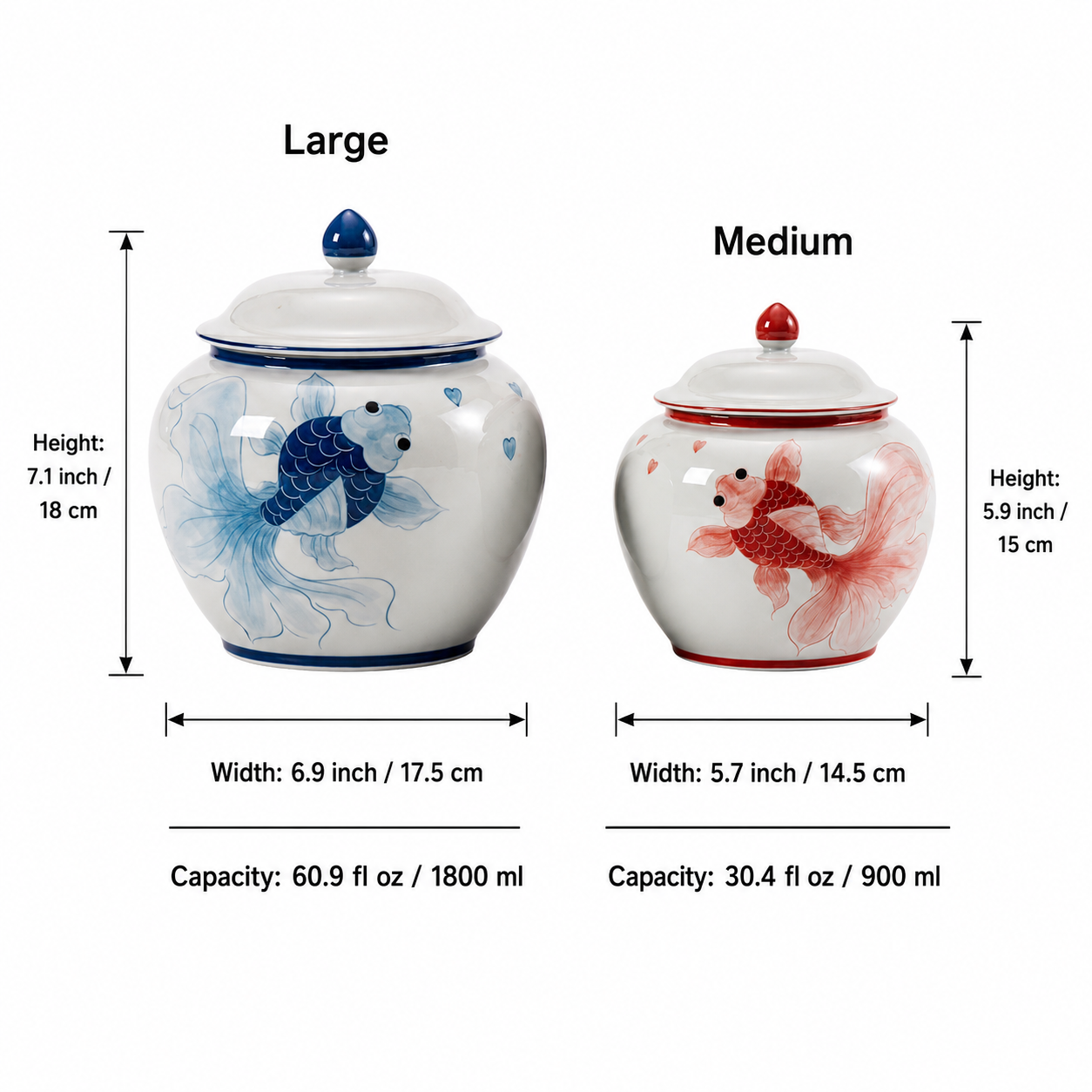 Goldfish ceramic tea caddy size guide showing large and medium dimensions and capacity
