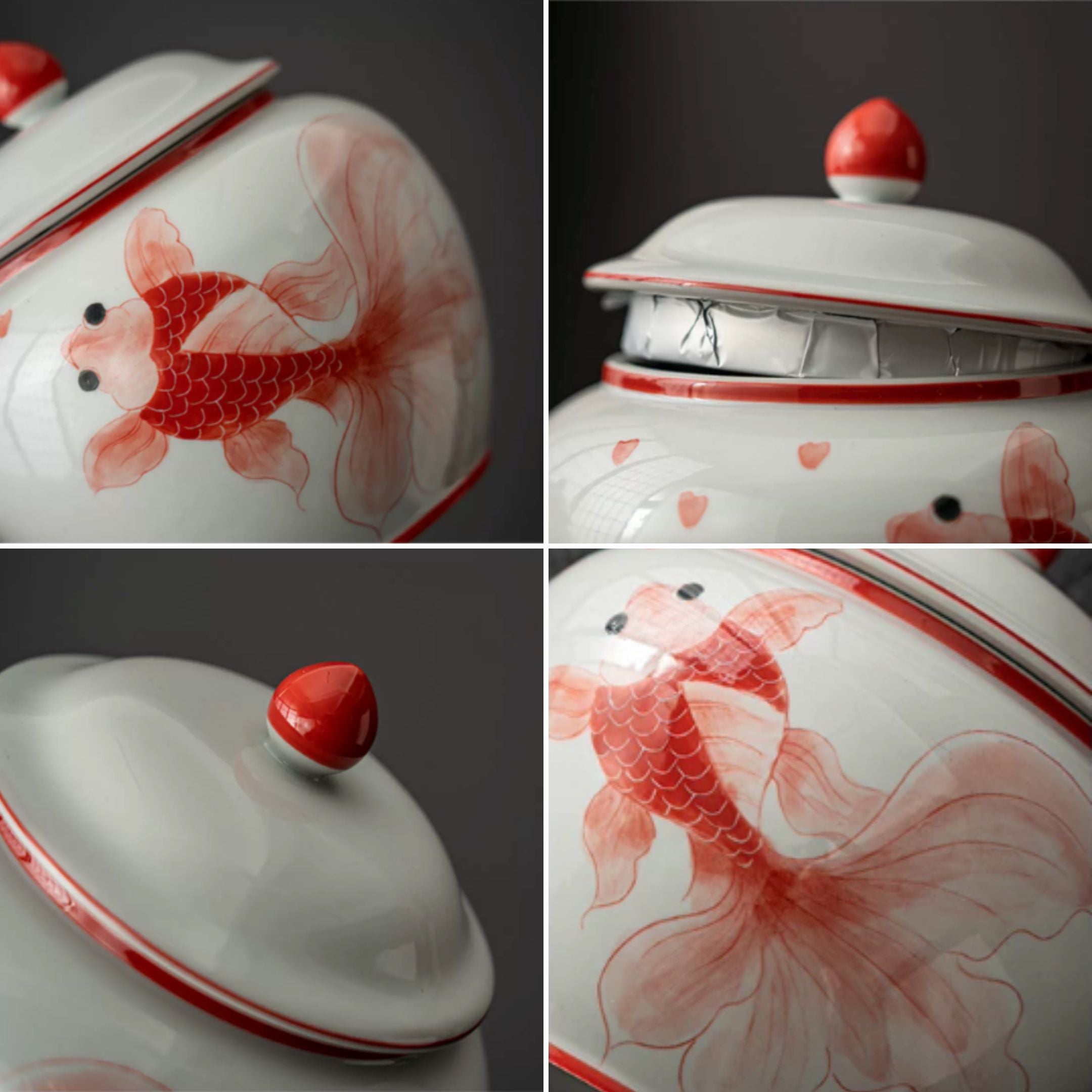 Hand-painted goldfish ceramic tea caddy detail collage showing fish artwork and lidded design