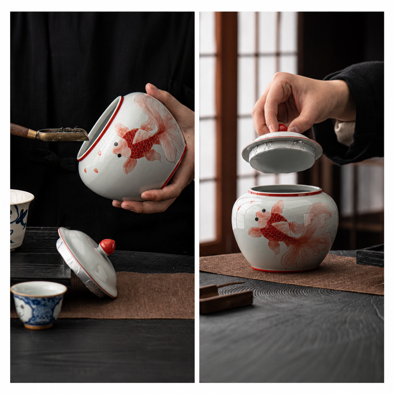 Goldfish ceramic tea caddy lifestyle collage showing tea storage and removable lid