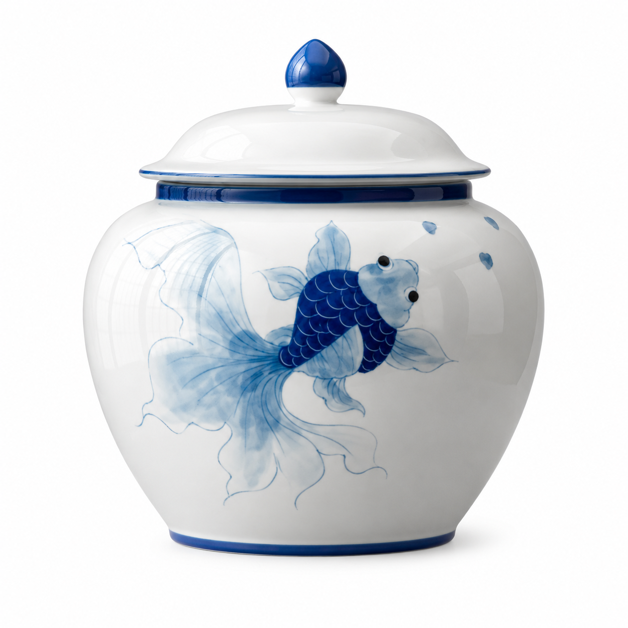 Blue hand-painted goldfish ceramic tea caddy jar with removable lid on white background