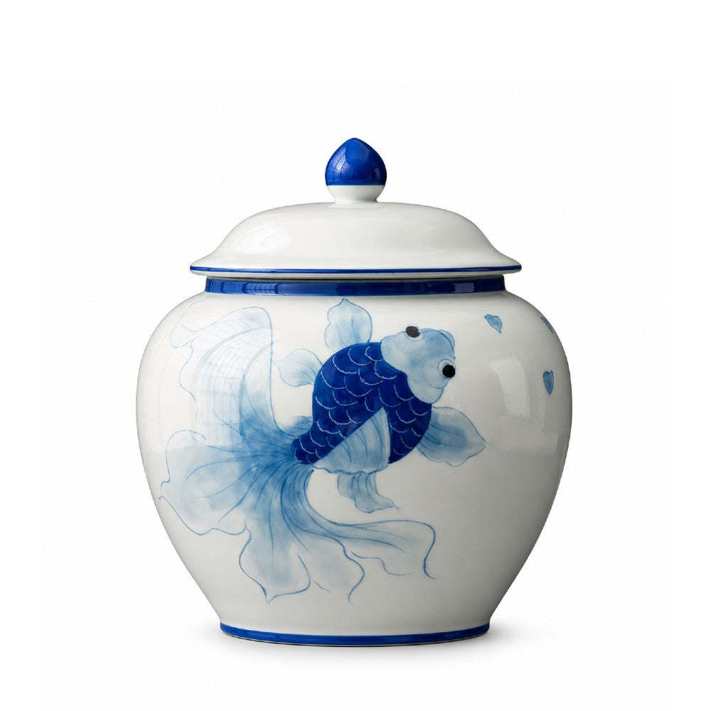 Blue goldfish ceramic tea caddy jar in medium size with white ceramic body and blue trim