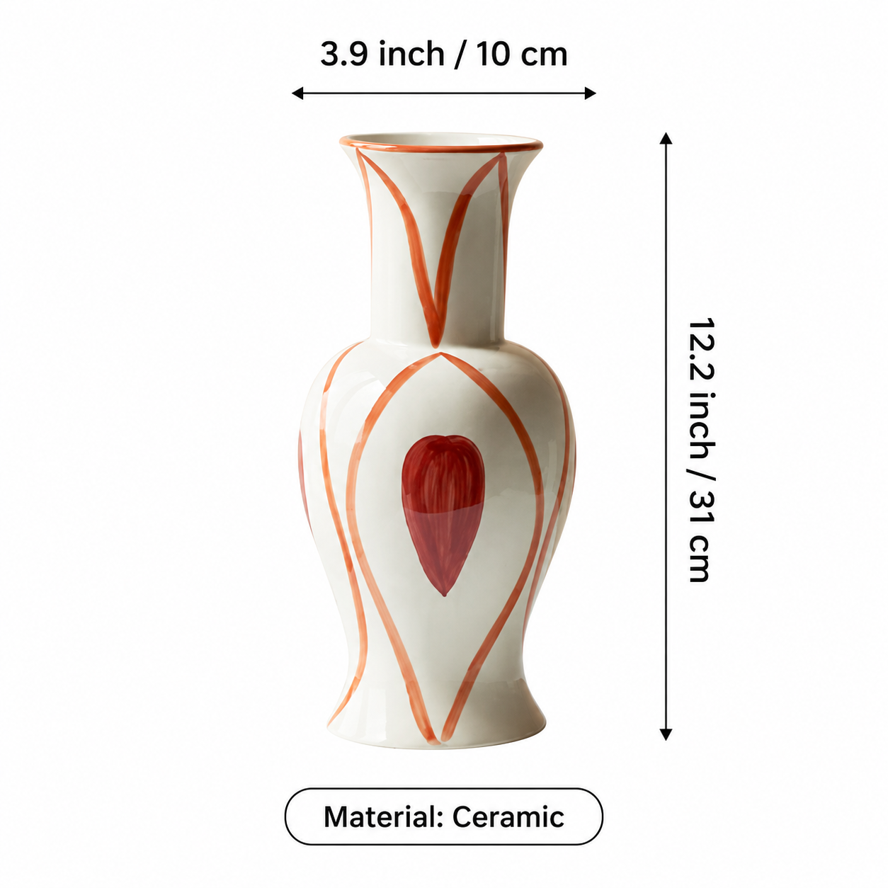 Hand painted heart ceramic vase dimensions showing 12.2 inch height 3.9 inch diameter and ceramic material