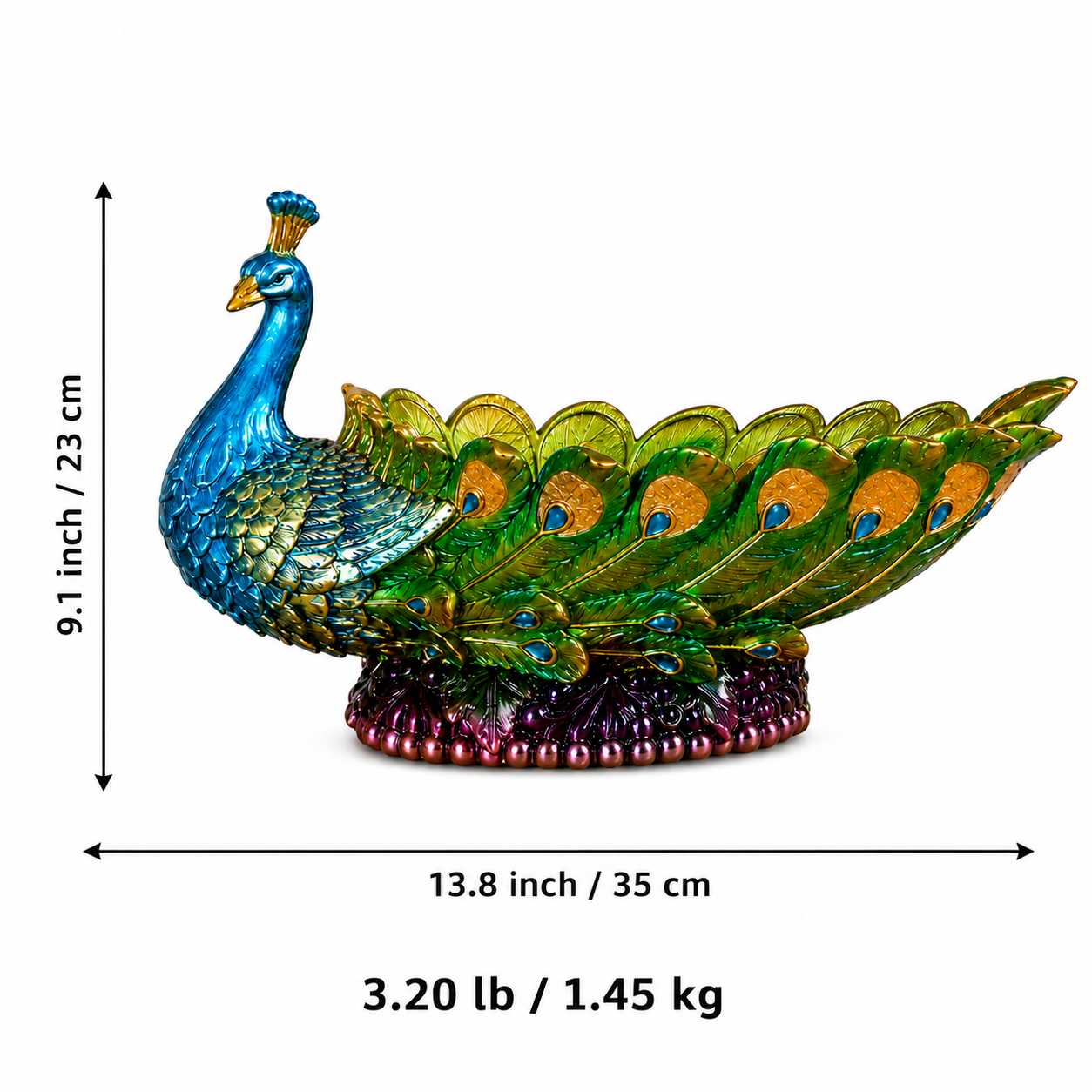 Hand-painted resin peacock fruit bowl centerpiece size guide with width, length, height, and weight
