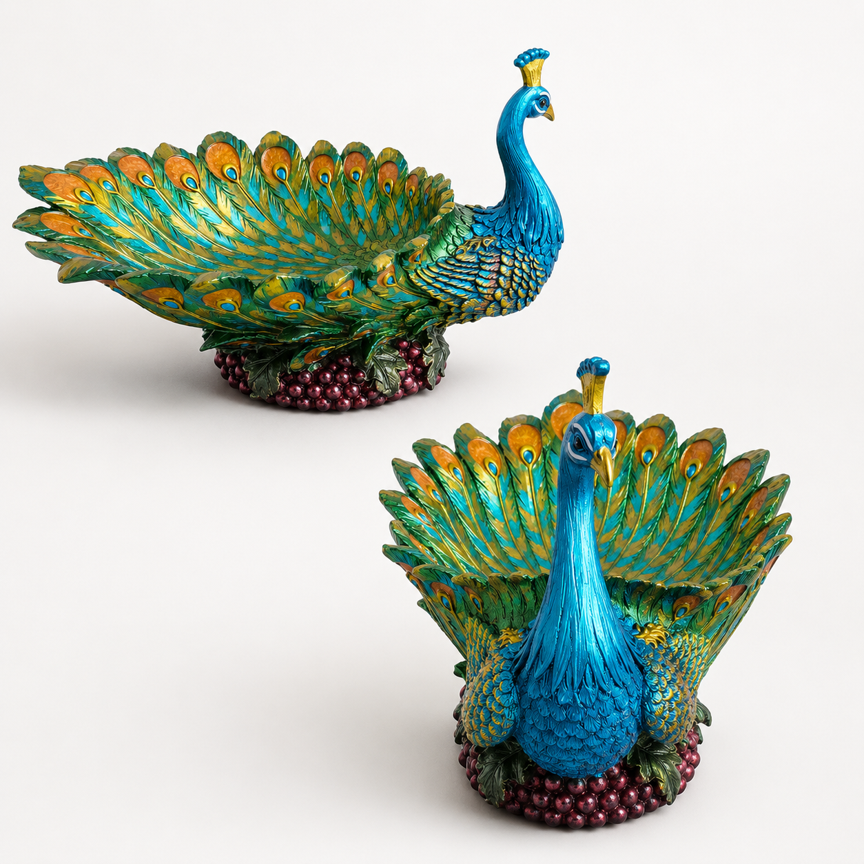 Hand-painted resin peacock fruit bowl centerpiece shown from side and front angles on a white background