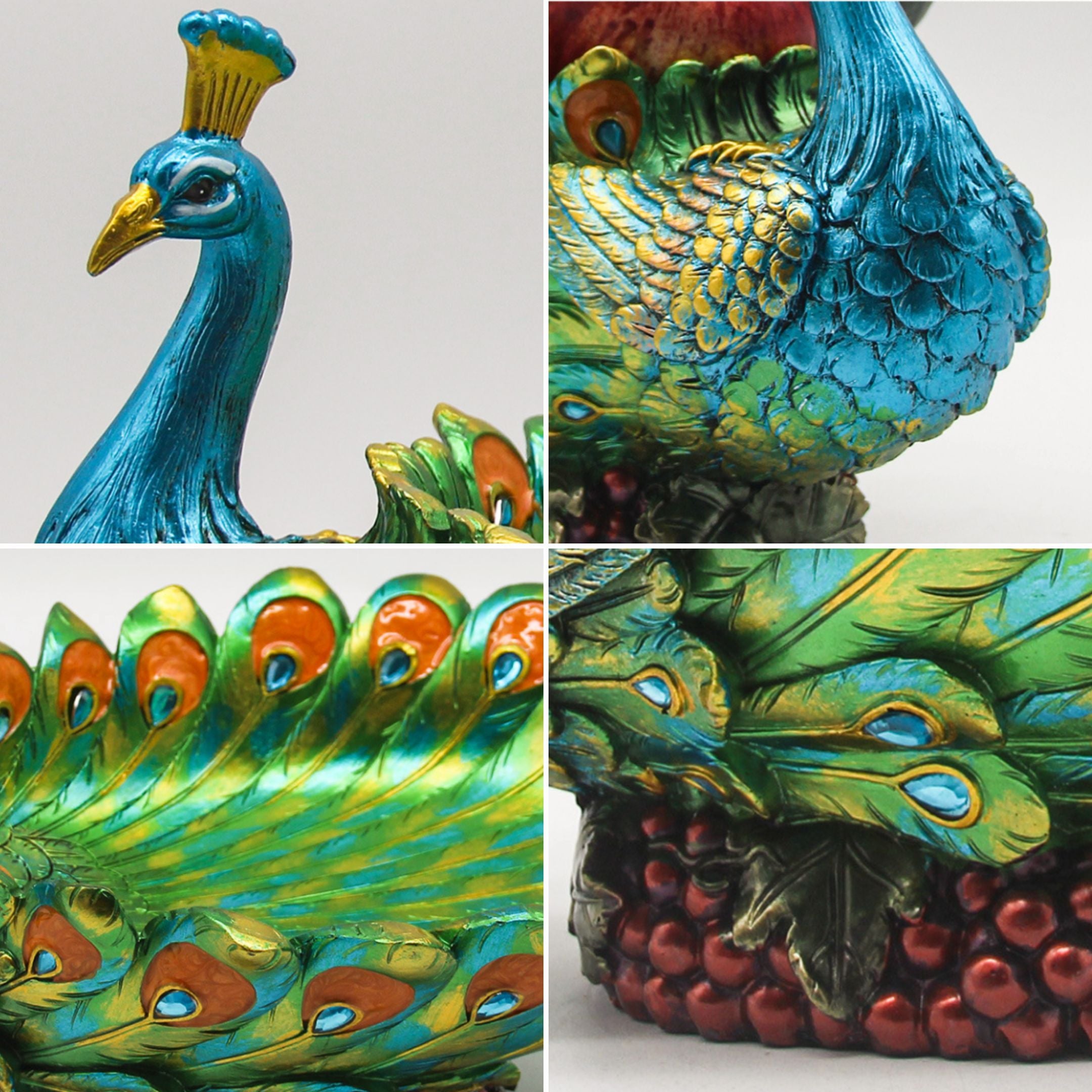 Close-up details of the hand-painted resin peacock fruit bowl showing head, feathers, body texture, and base